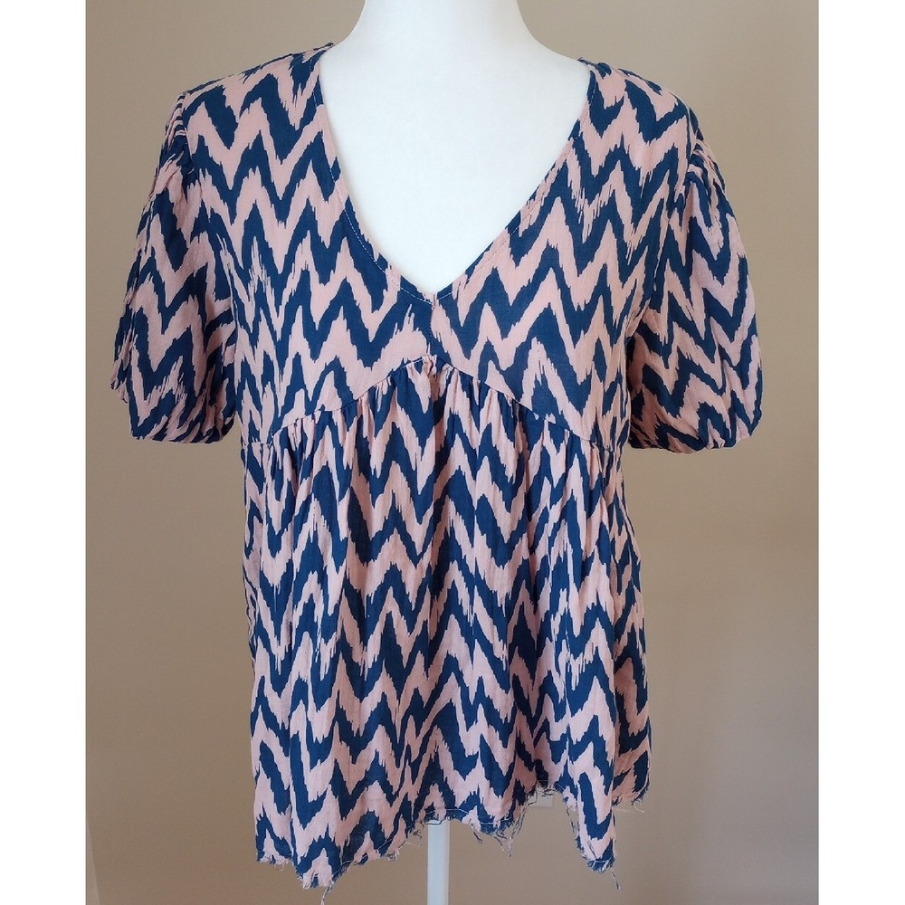 Stark X V-Neck Empire Waist Cotton Puffy Sleeve Distressed Boho Bottom Top S NWT